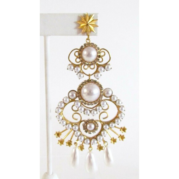 Women's Earrings Designer Elizabeth Cole Faux Pearl/Crystal Gold Plated Earrings - Picture 9 of 11
